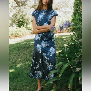 Bohme Zayla Navy Blue Floral Satin Maxi Dress Ruched Formal Wedding size Medium